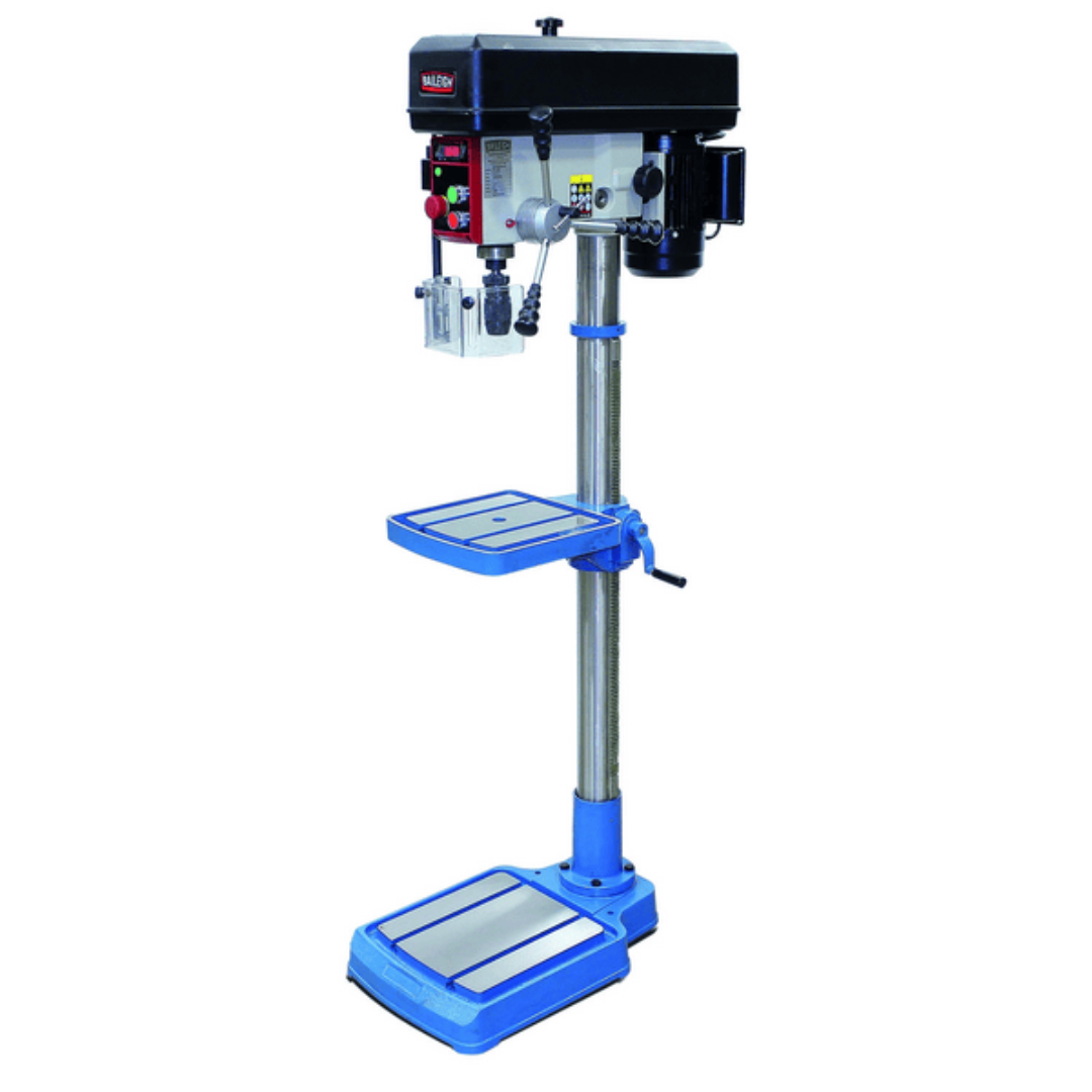 Baileigh Belt Driven Drill Press DP-1000E 1022128 floor-standing belt driven drill press with precision worktable and heavy-duty cast iron base for industrial drilling applications.