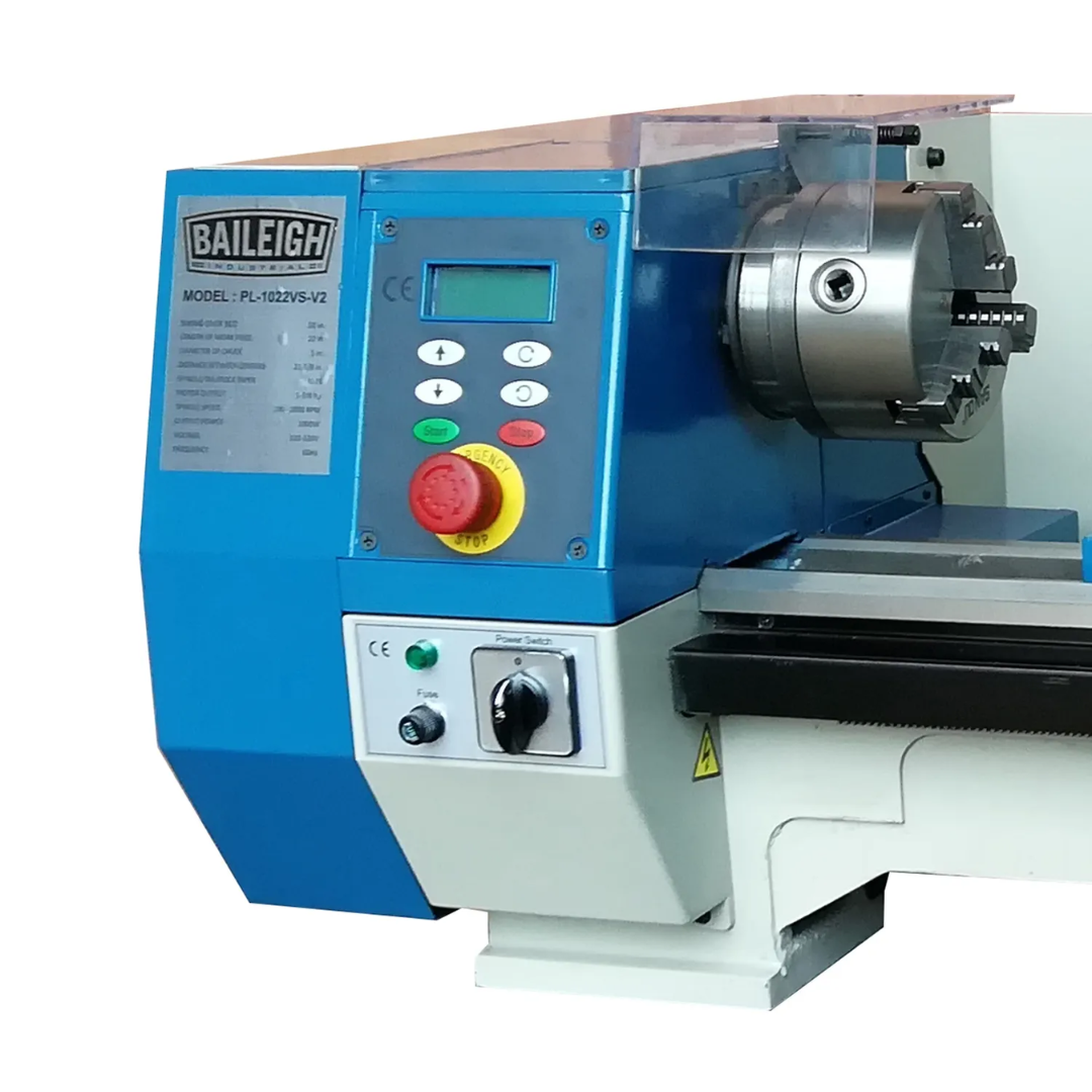 Baileigh Bench Lathe PL-1022VS-V2 1228215 front control panel and headstock assembly with variable-speed controls for accurate machining operations.