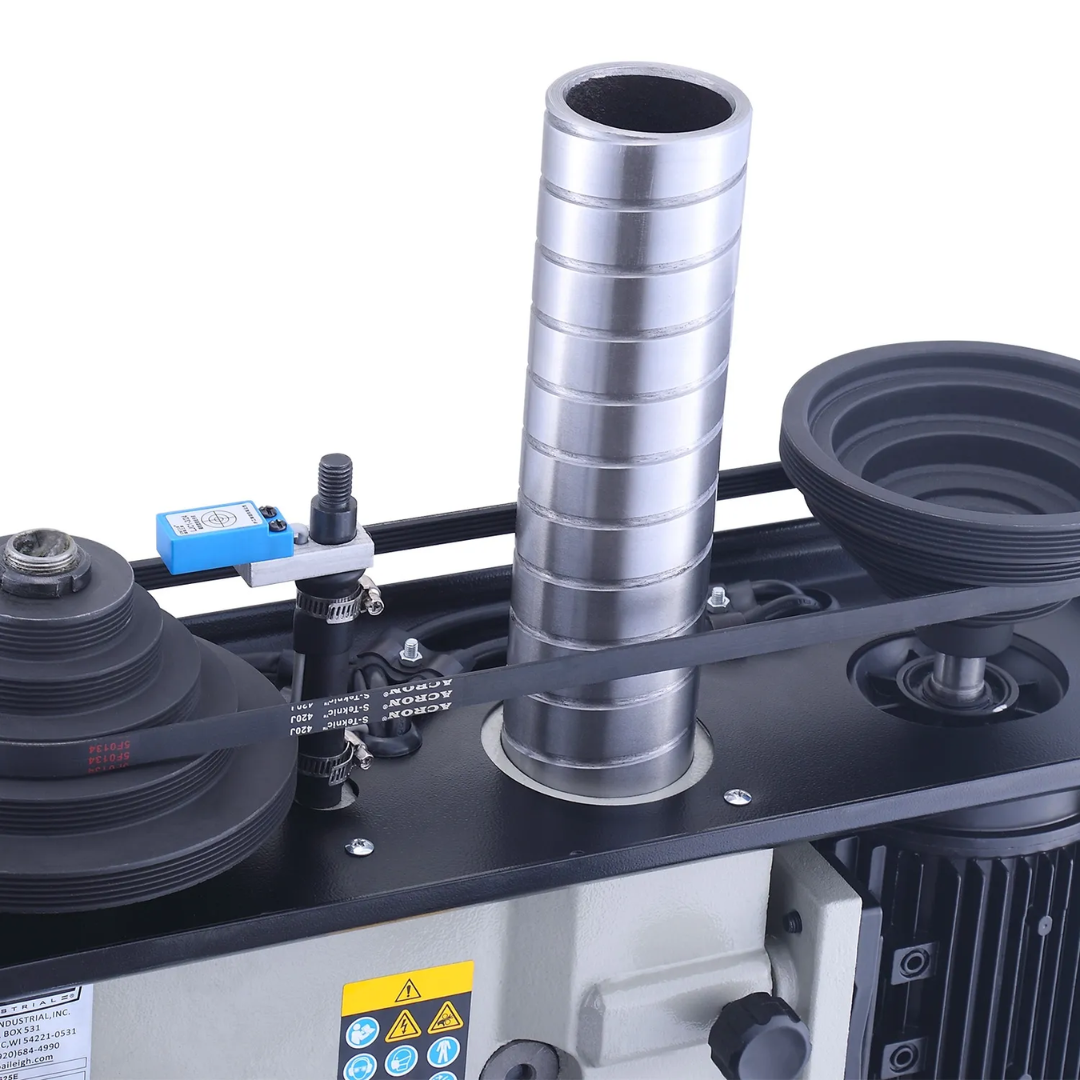 Baileigh Bench Top Drill Press DP-3814B 1228211 close-up of the belt-driven speed adjustment system for accurate spindle speed selection.