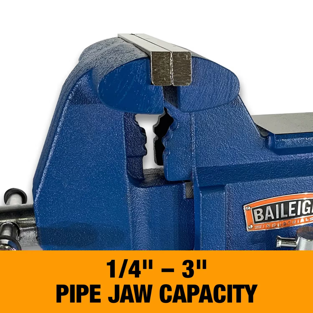 Baileigh Bench Vise integrated pipe jaw capacity ranging from 1/4 inch to 3 inches, designed for securely gripping round stock, tubing, and pipe materials.