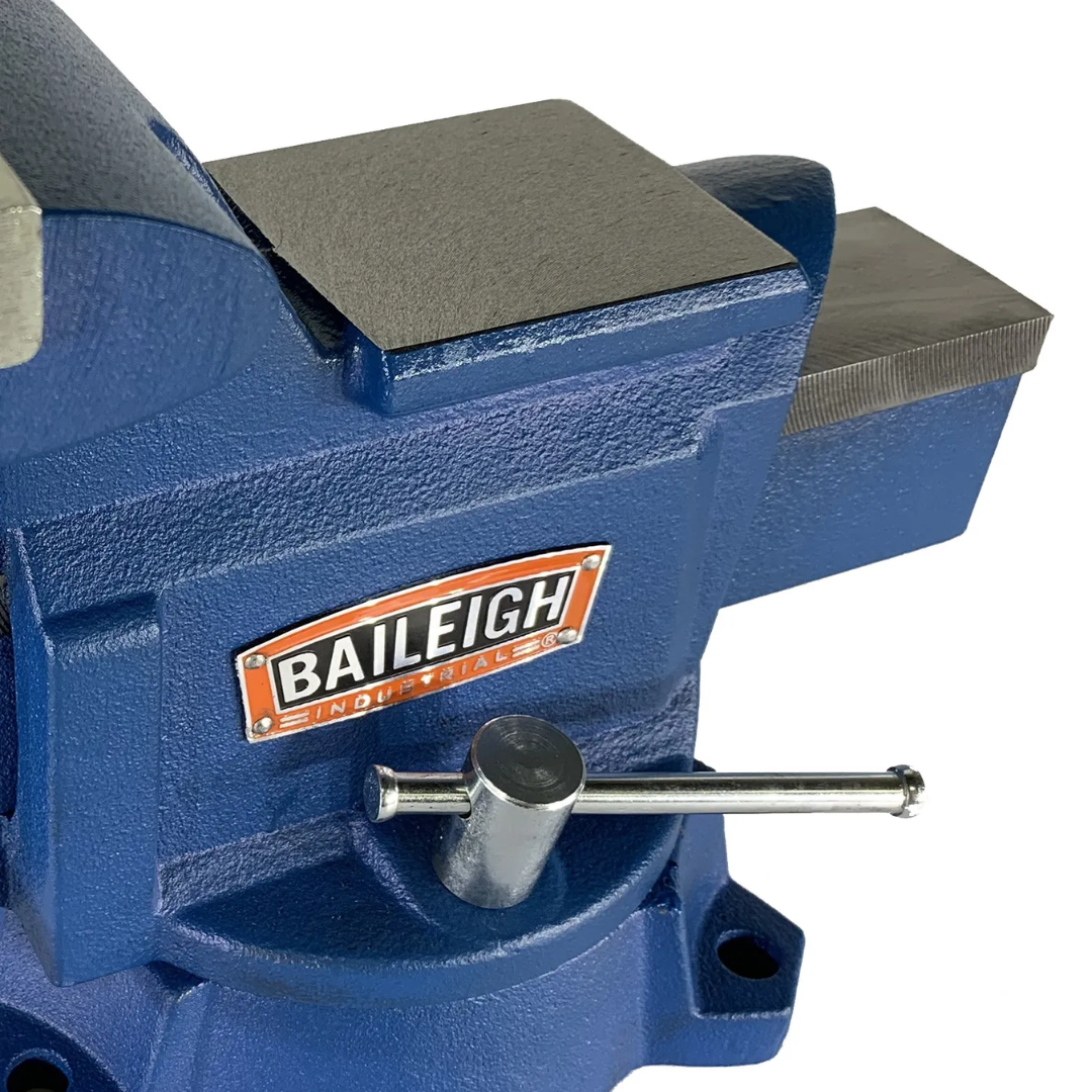 Baileigh Bench Vise showing large integrated anvil work surface, durable cast iron body, and precision-machined jaws for fabrication, assembly, and repair work.