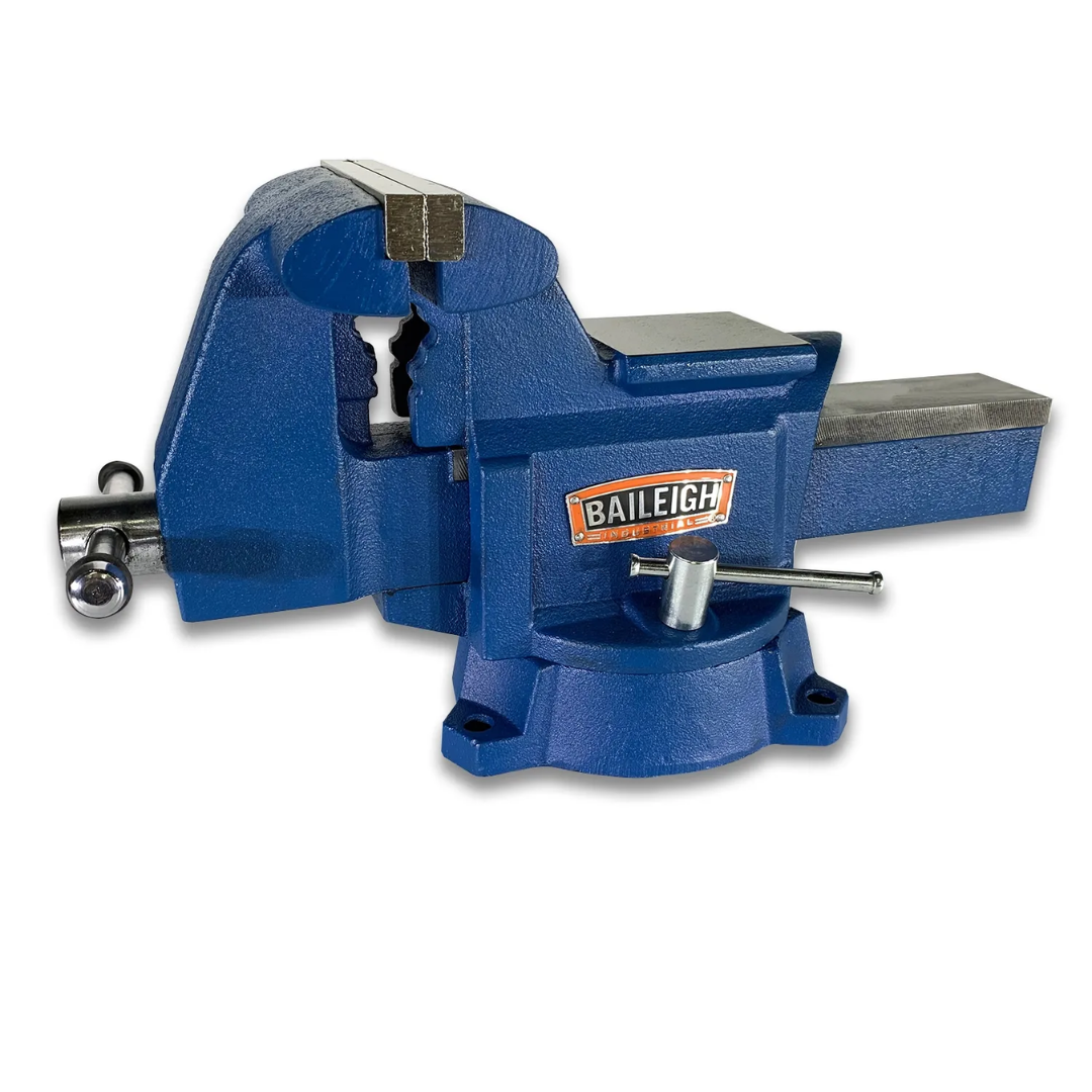 Baileigh Bench Vise with 6-1/2-inch jaw width, 6-1/2 and 7-inch jaw opening capacity, 4-inch throat depth, heavy-duty ductile cast iron construction, and swivel base for industrial workholding applications.