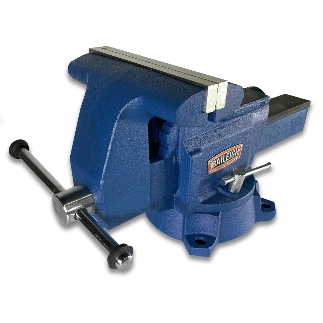 Baileigh Bench Vise with 8-inch jaw width, 9-inch jaw opening, and 4-inch throat depth featuring heavy-duty ductile cast iron construction, precision-machined jaws, bolt-down swivel base, and industrial-grade workholding performance for fabrication and machine shop applications.
