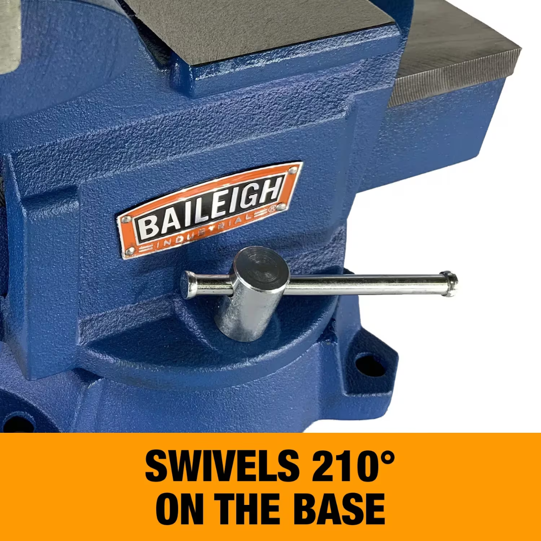 Baileigh Bench Vise with swivel base allowing flexible workpiece positioning, featuring 5-1/2-inch jaw width, 6-inch jaw opening, and industrial-grade construction.