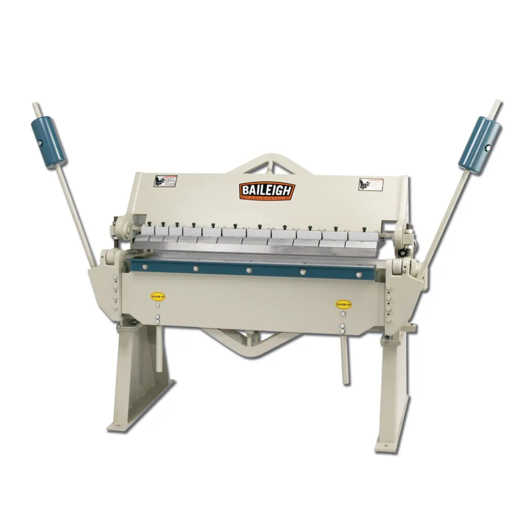 Baileigh Box & Pan Brake: 48" Bending Length, Bender (BB-4812) 1000404 front view showing heavy-duty sheet metal forming machine with segmented fingers, manual dual-handle operation, and industrial steel construction for precision bending applications.