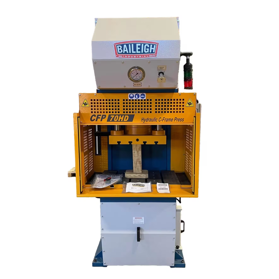 Baileigh C-Frame Press CFP-70HD 1013161 heavy-duty 70-ton hydraulic C-frame press with reinforced industrial frame, hydraulic system, and precision pressing workstation for metal fabrication applications.
