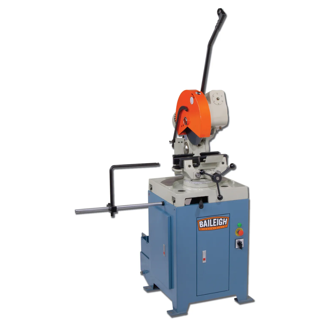 Baileigh Circular Cold Saw CS-350M 1002569 manual industrial cold saw featuring heavy-duty steel cabinet base, precision blade assembly, and accurate metal cutting capabilities for fabrication shops.