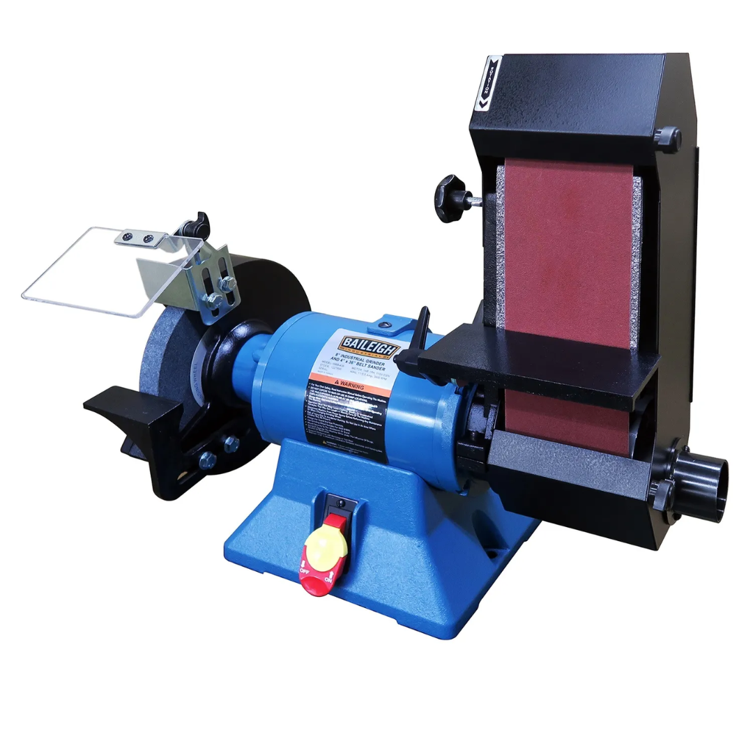 Baileigh Combination 8" Bench Grinder & 4" Belt Grinder - (IGBB-436) 1227899 angled view showing the integrated belt grinding system and heavy-duty grinder motor assembly.