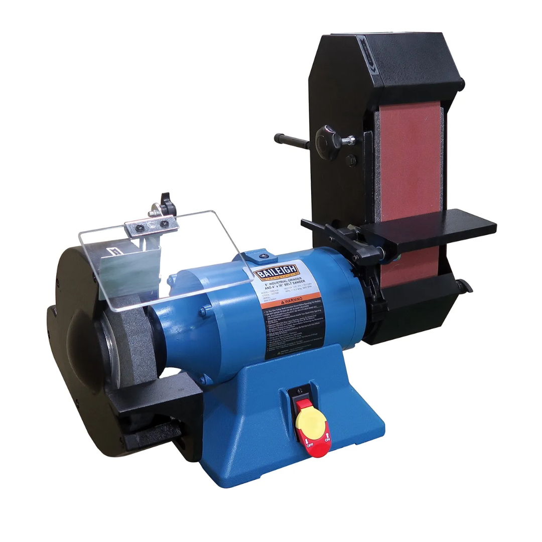 Baileigh Combination 8" Bench Grinder & 4" Belt Grinder - (IGBB-436) 1227899 industrial grinding and finishing machine combining an 8-inch bench grinder with a 4-inch belt grinder for metalworking applications.