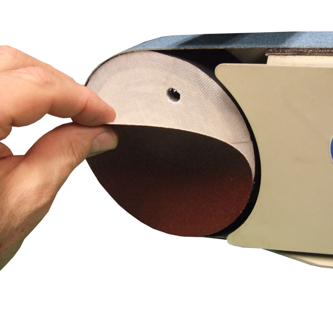 Baileigh Combination Belt and Disk Grinder DBG-62 1002674 close-up of the abrasive grinding disc with removable disc backing, designed for precision edge grinding, finishing, and deburring in metalworking applications.