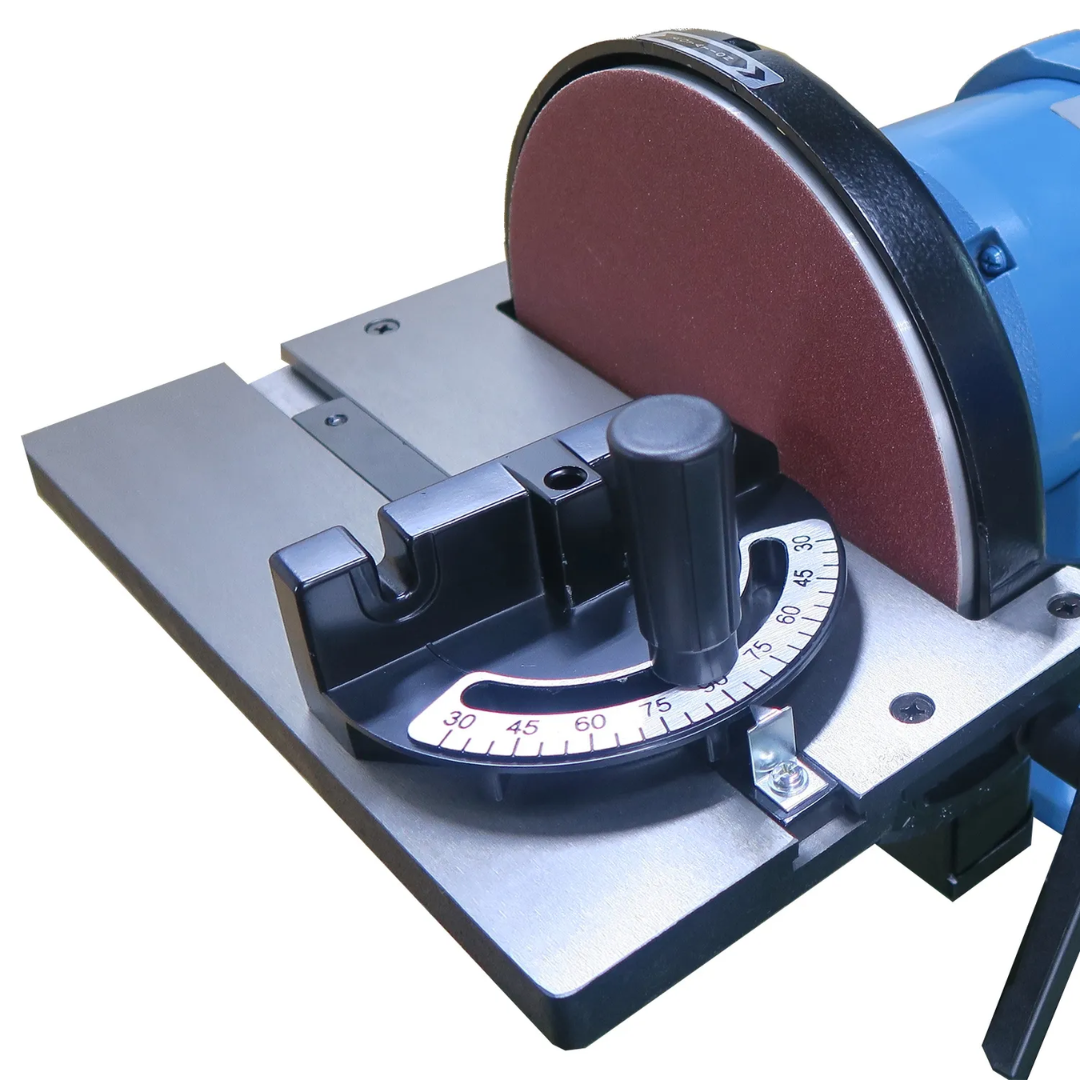 Baileigh Combination Belt and Disk Grinder DBG-9248 1227900 close-up view of the precision disc grinding station with adjustable miter guide and work surface designed for accurate grinding, deburring, and shaping operations.
