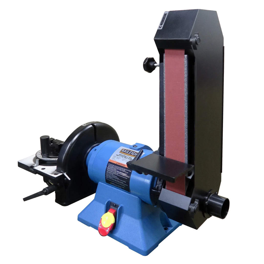 Baileigh Combination Belt and Disk Grinder DBG-9248 1227900 side profile showing the vertical abrasive belt assembly, drive motor, and durable base engineered for continuous shop use and material finishing.