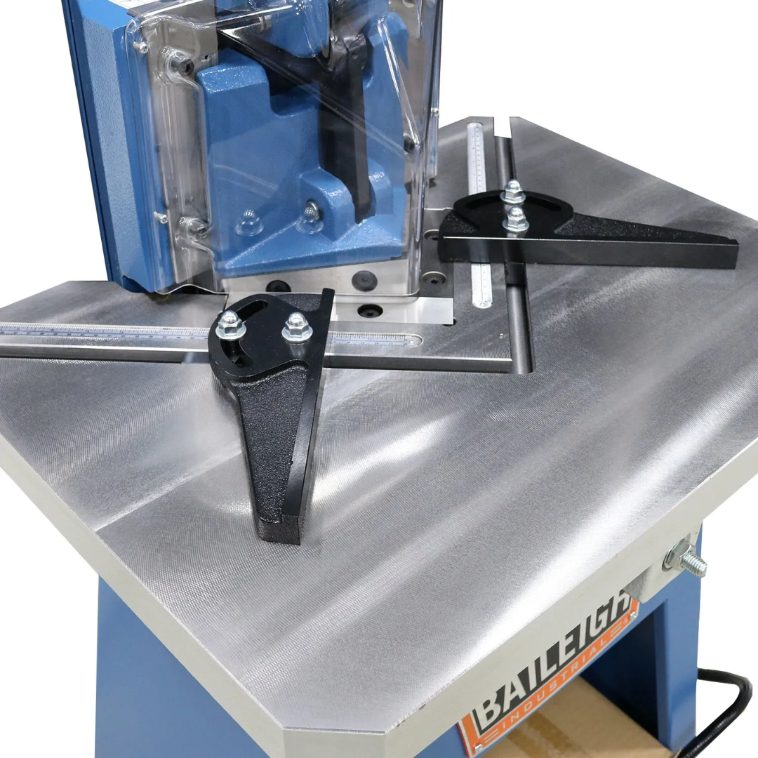 Baileigh Corner Notcher SN-F11-AN 1007236 close-up of the adjustable worktable and precision hydraulic notching blades designed for clean, accurate sheet metal corner cuts.