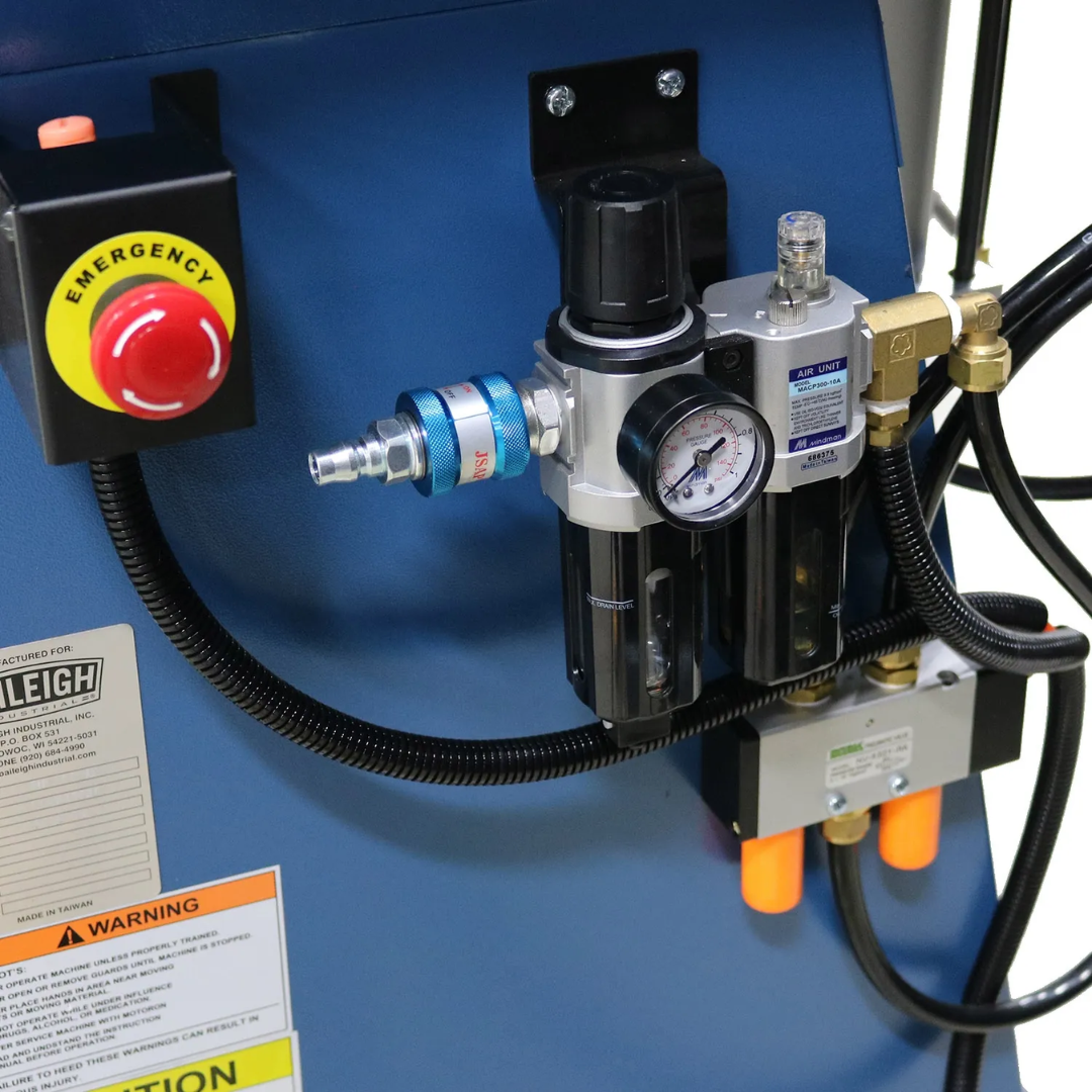 Baileigh Corner Notcher SN-F11-AN 1007236 hydraulic control panel with emergency stop, pressure regulator, and pneumatic components for reliable industrial operation.