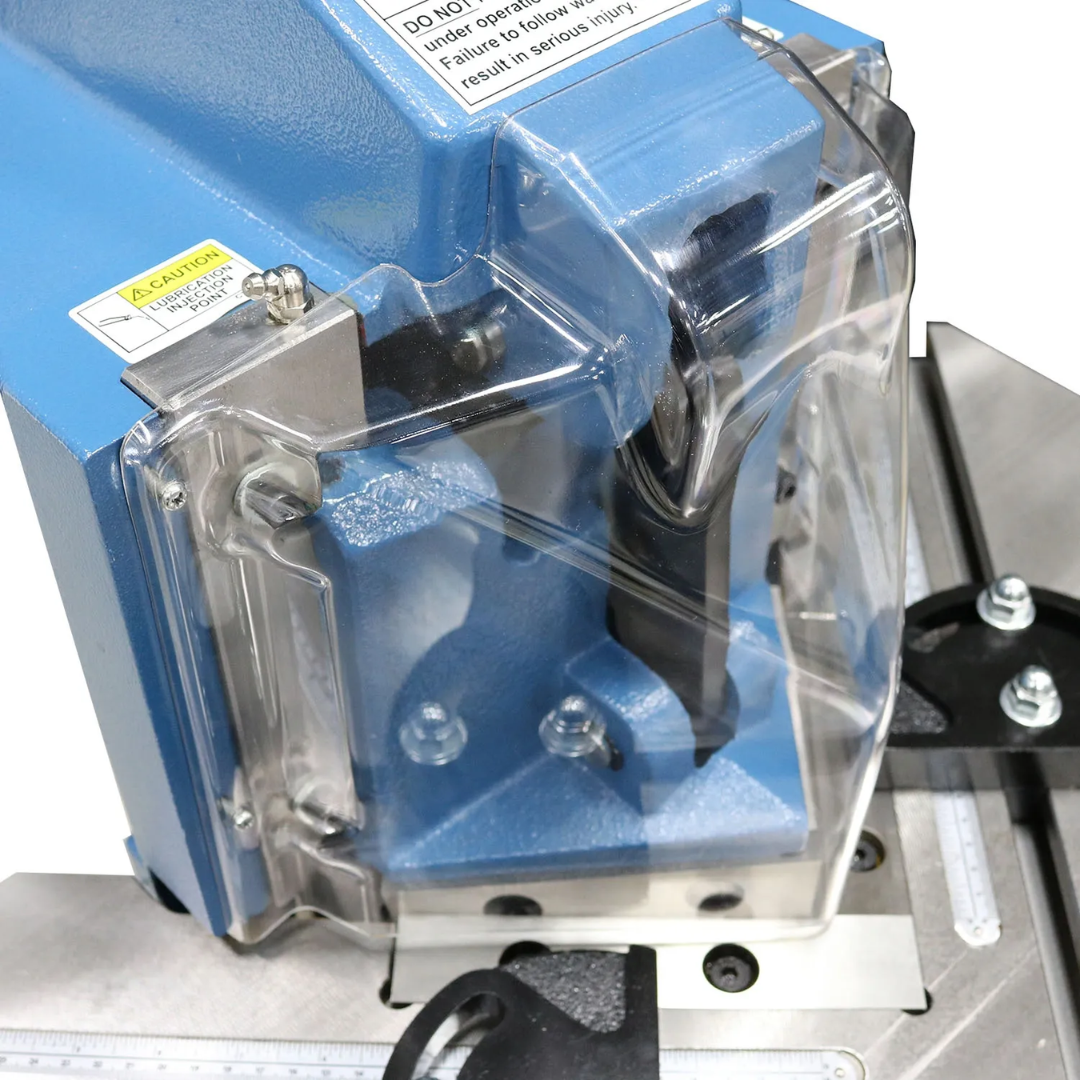 Baileigh Corner Notcher SN-F11-AN 1007236 hydraulic cutting head featuring precision blade assembly, adjustable guides, and rugged industrial construction for repeatable corner notching.