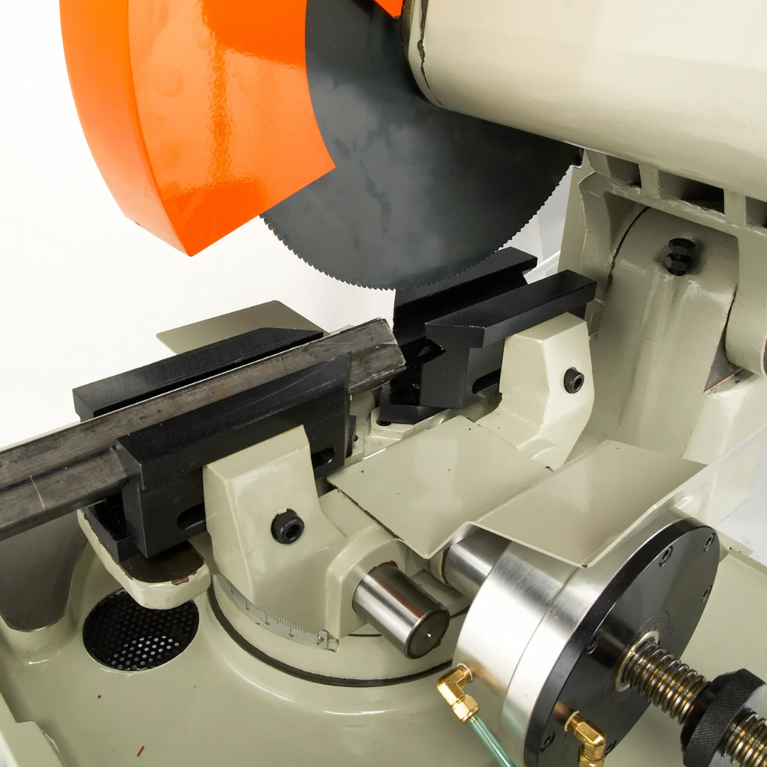 Baileigh Cut Off Saw CS-350SA 1002578 close-up of the precision miter vise and circular cold saw blade assembly with adjustable clamping system for accurate, repeatable metal cutting operations.