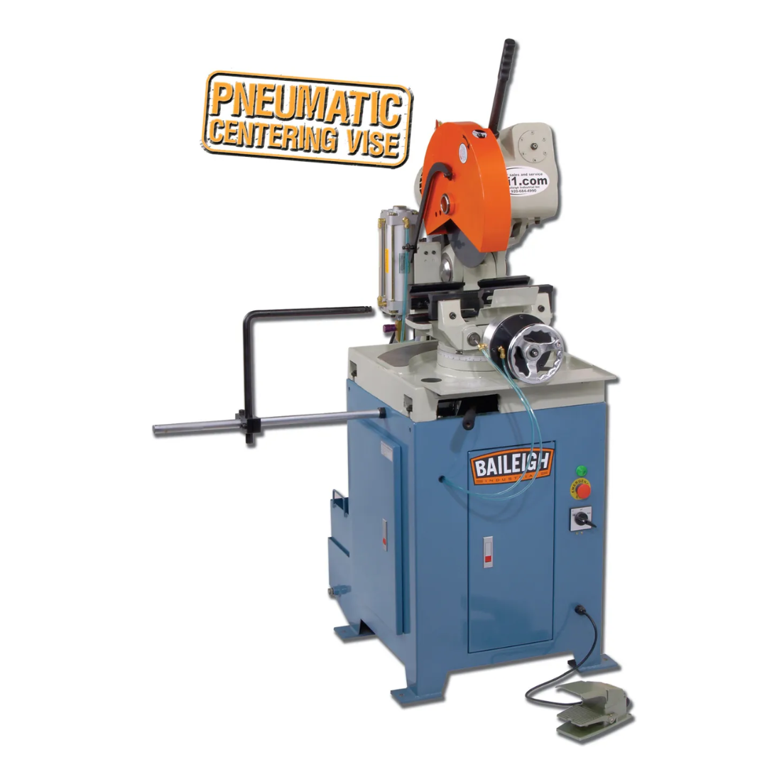 Baileigh Cut Off Saw CS-350SA 1002578 semi-automatic pneumatic cold saw featuring a precision circular saw blade, adjustable miter vise, industrial steel cabinet base, material support arm, and foot pedal controls for accurate metal cutting and fabrication.