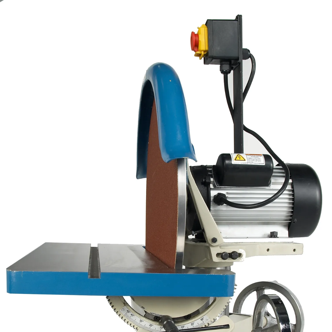 Baileigh Disc Grinder DG-500 1002708 side view showing the industrial drive motor, large grinding disc, adjustable work table, and rugged floor-standing construction for heavy-duty grinding applications.