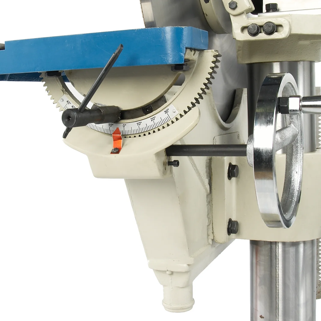 Baileigh Disc Grinder DG-500 1002708 underside view highlighting the adjustable work table support, locking mechanism, and heavy-duty construction designed for industrial metalworking.