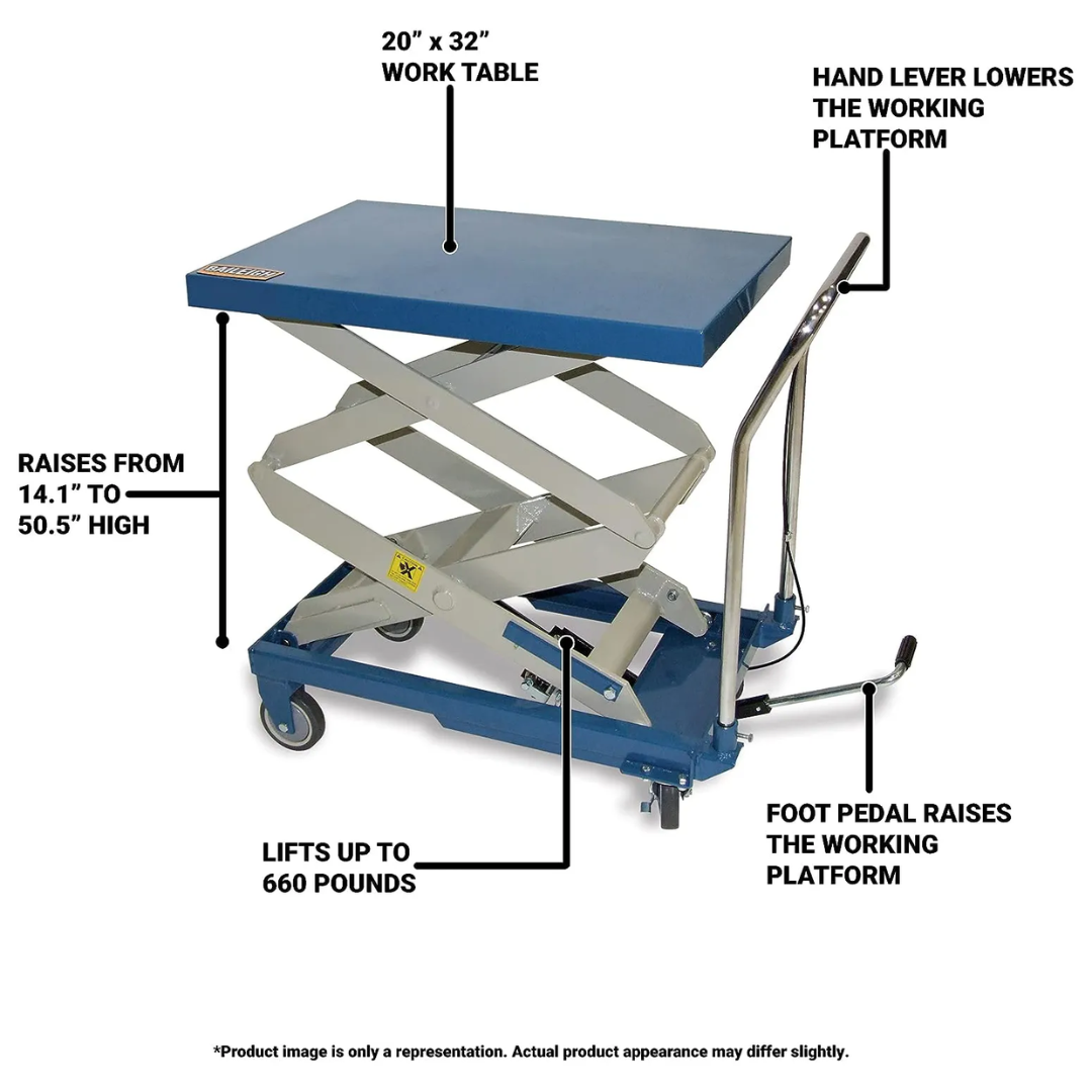Baileigh Double Height Lifting Table B-CARTX2 1000579 dimensional overview illustrating the double-scissor lift design, platform size, lifting height range, and overall cart dimensions.