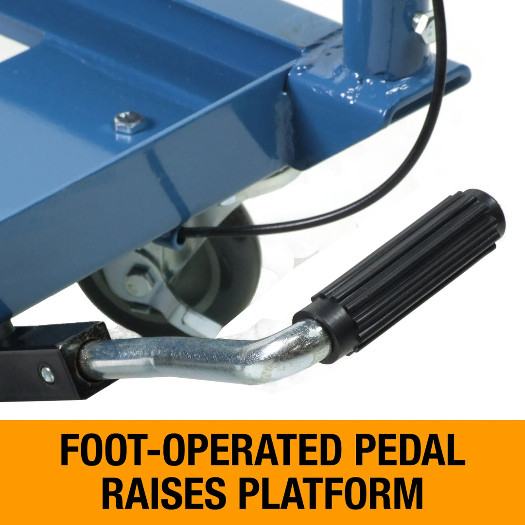 Baileigh Double Height Lifting Table B-CARTX2 1000579 foot-operated hydraulic pedal detail designed for effortless hands-free platform lifting and precise height adjustment.