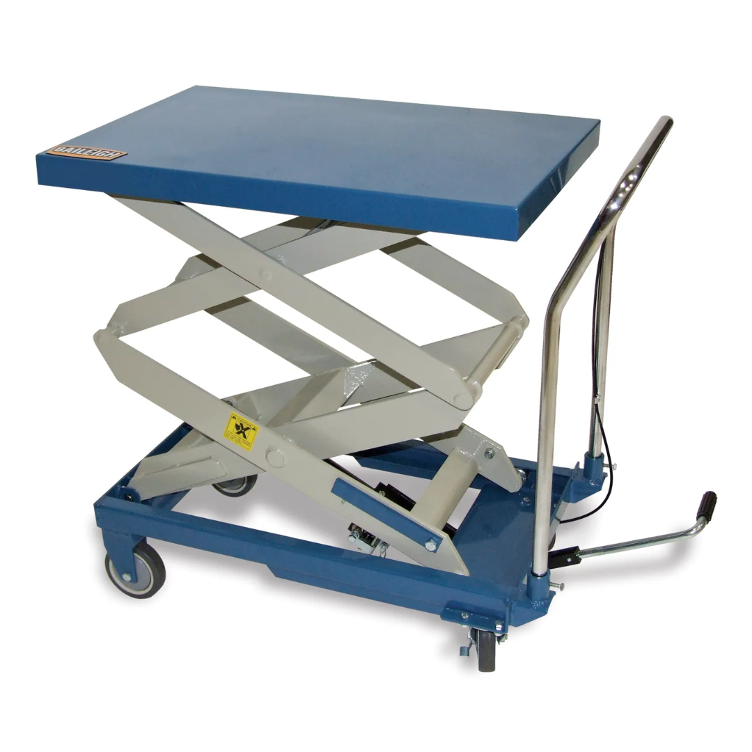 Baileigh Double Height Lifting Table B-CARTX2 1000579 front view showing a heavy-duty hydraulic double-scissor lift table with large steel platform, foot-operated lift pedal, and locking swivel casters for material handling.