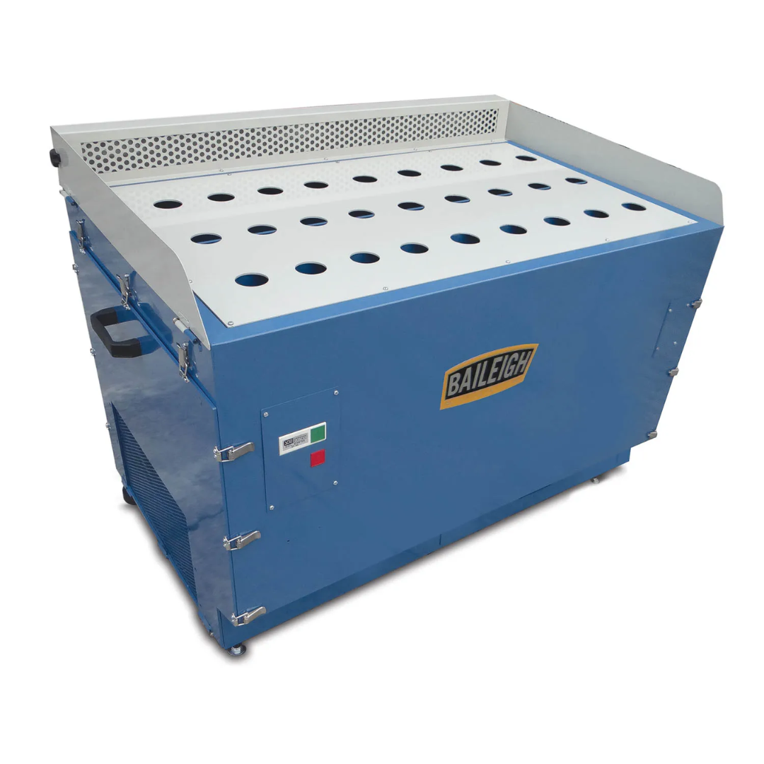 Baileigh Downdraft Table 1008627 industrial dust collection workstation featuring perforated work surface, integrated filtration system, and heavy-duty steel construction for grinding, sanding, deburring, and finishing operations.