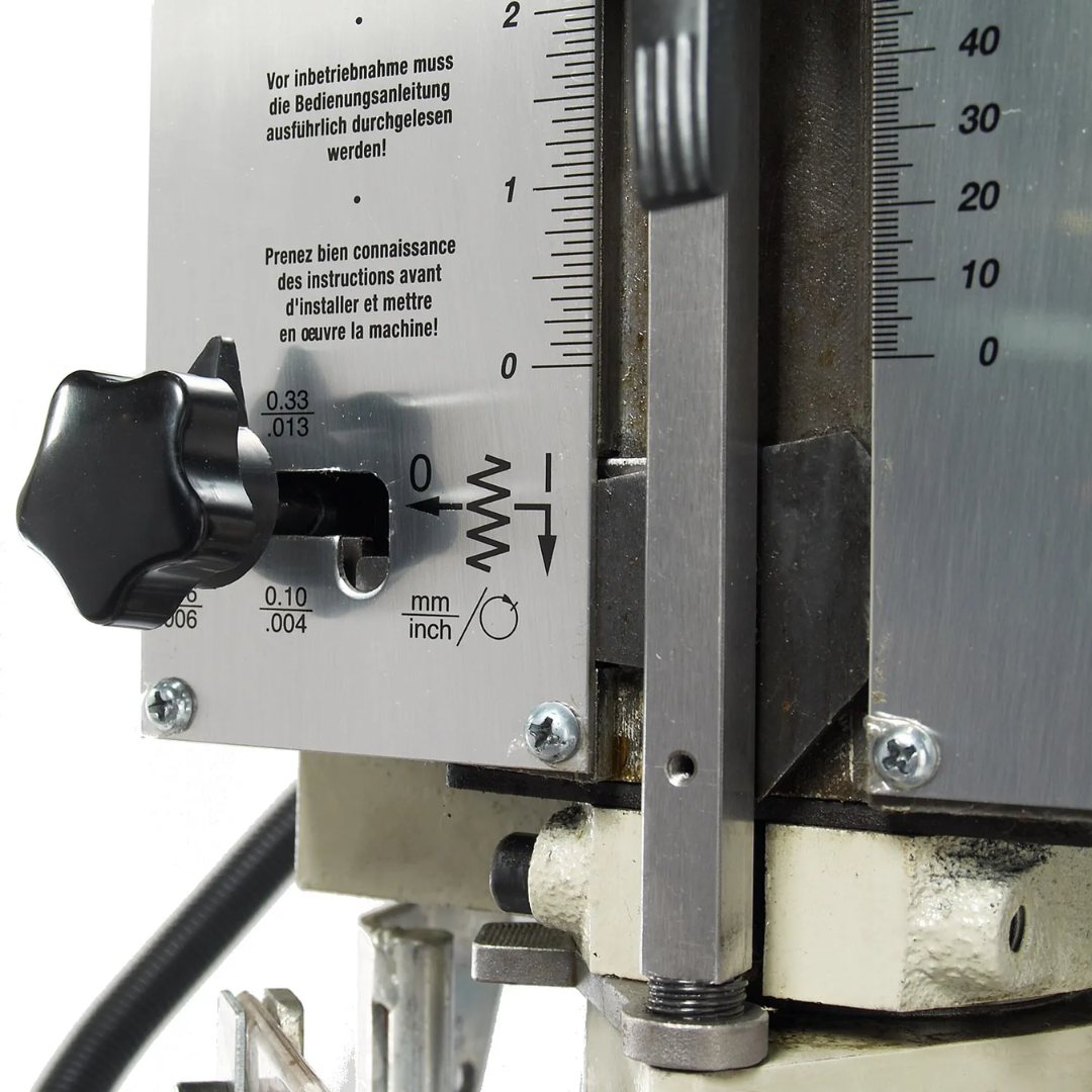 Baileigh Drill Press - DP-1500G 1002872 drilling head adjustment system showing precision depth controls, spindle settings, and machining accuracy features.