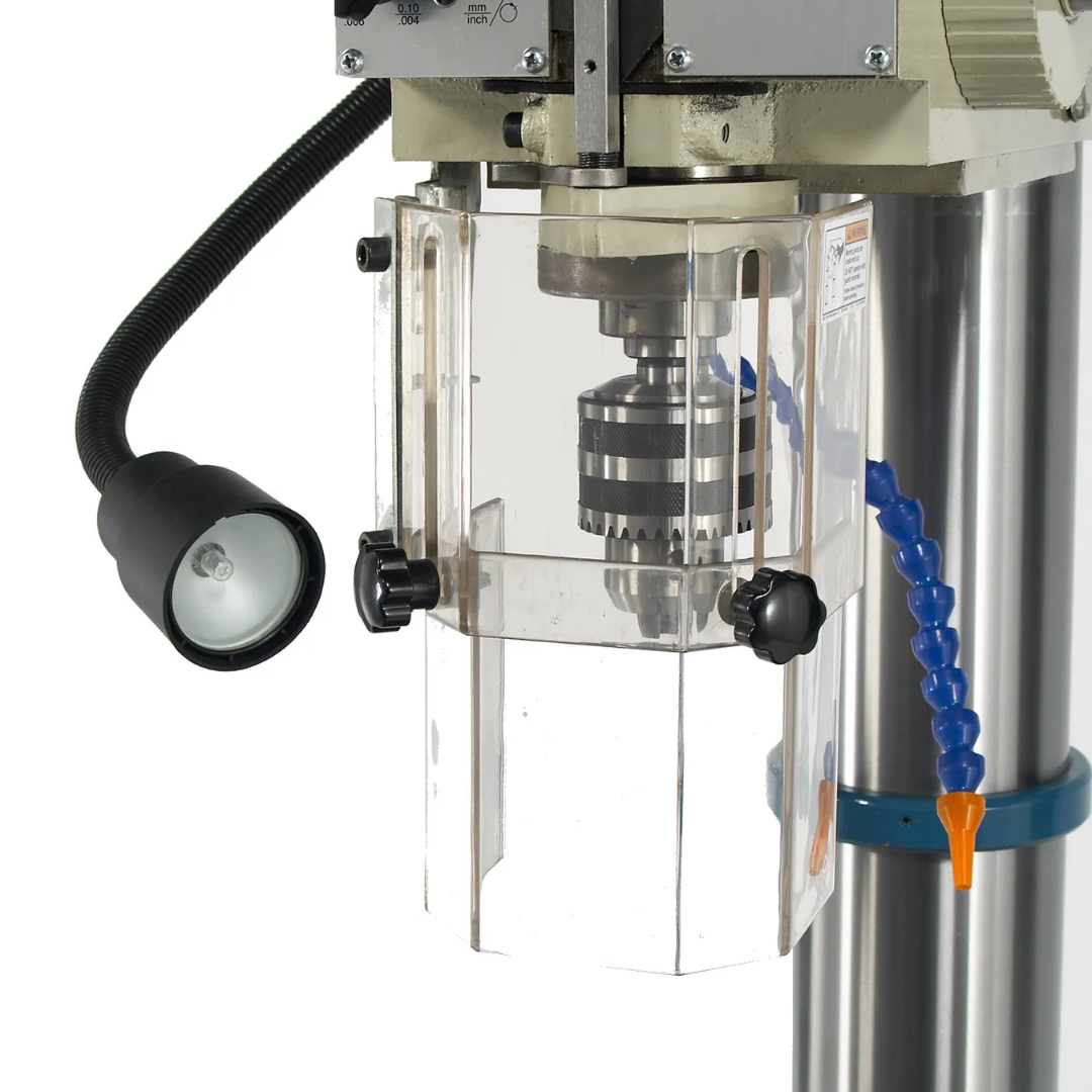 Baileigh Drill Press - DP-1500G 1002872 spindle and chuck assembly close-up displaying precision drilling components, feed controls, and industrial-grade construction.