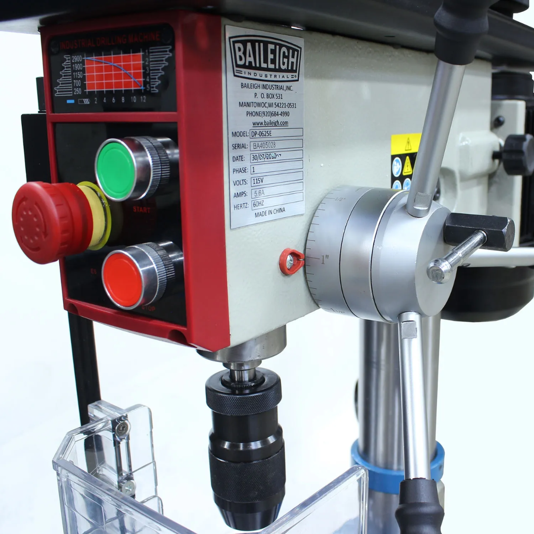 Baileigh Drill Press DP-0625E 1022127 operator control panel featuring start, stop, and emergency stop controls for safe and reliable drilling operation.