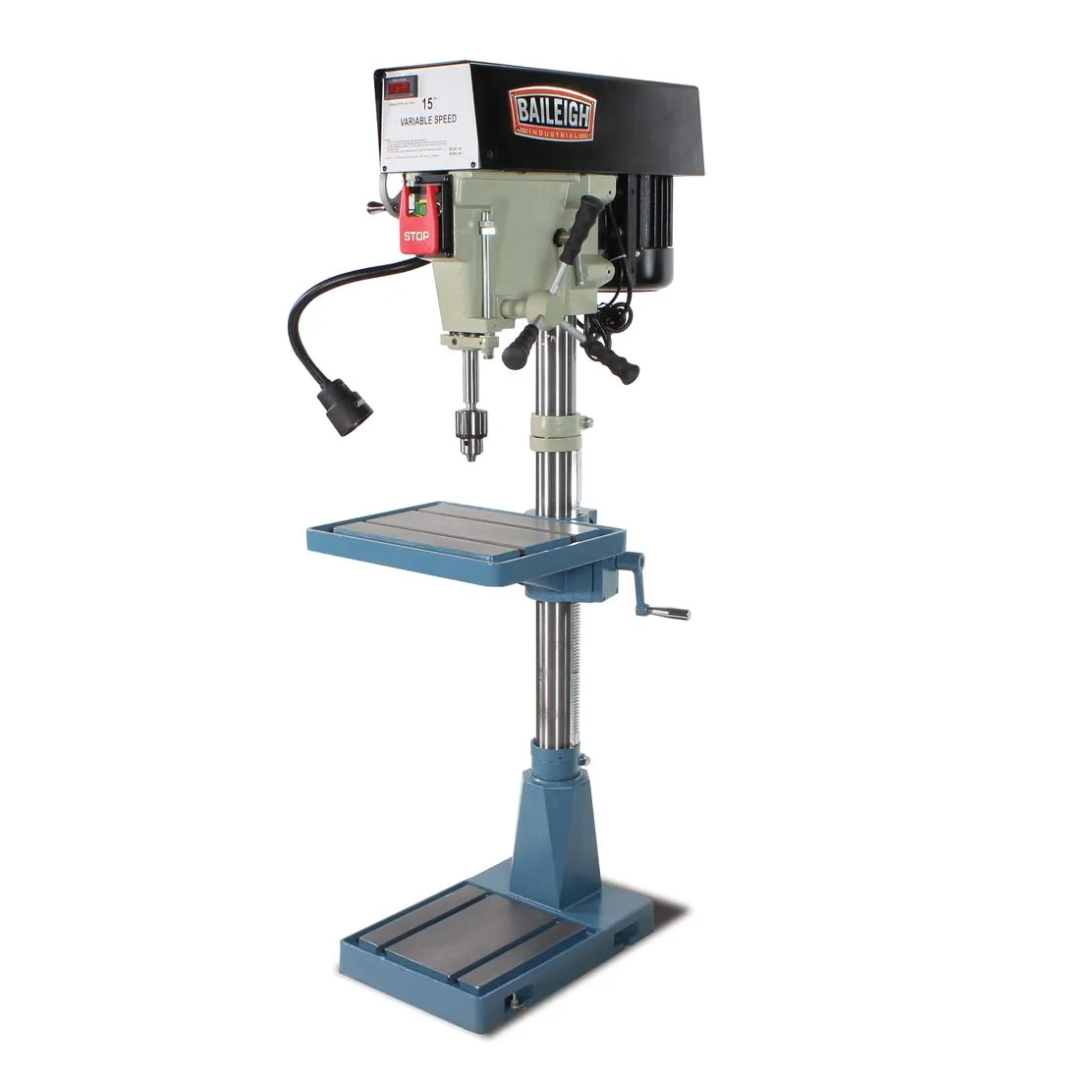 Baileigh Drill Press (DP-15VSF) 1002989 full front view showing variable-speed floor-standing drill press with precision work table, heavy-duty column, and industrial base.