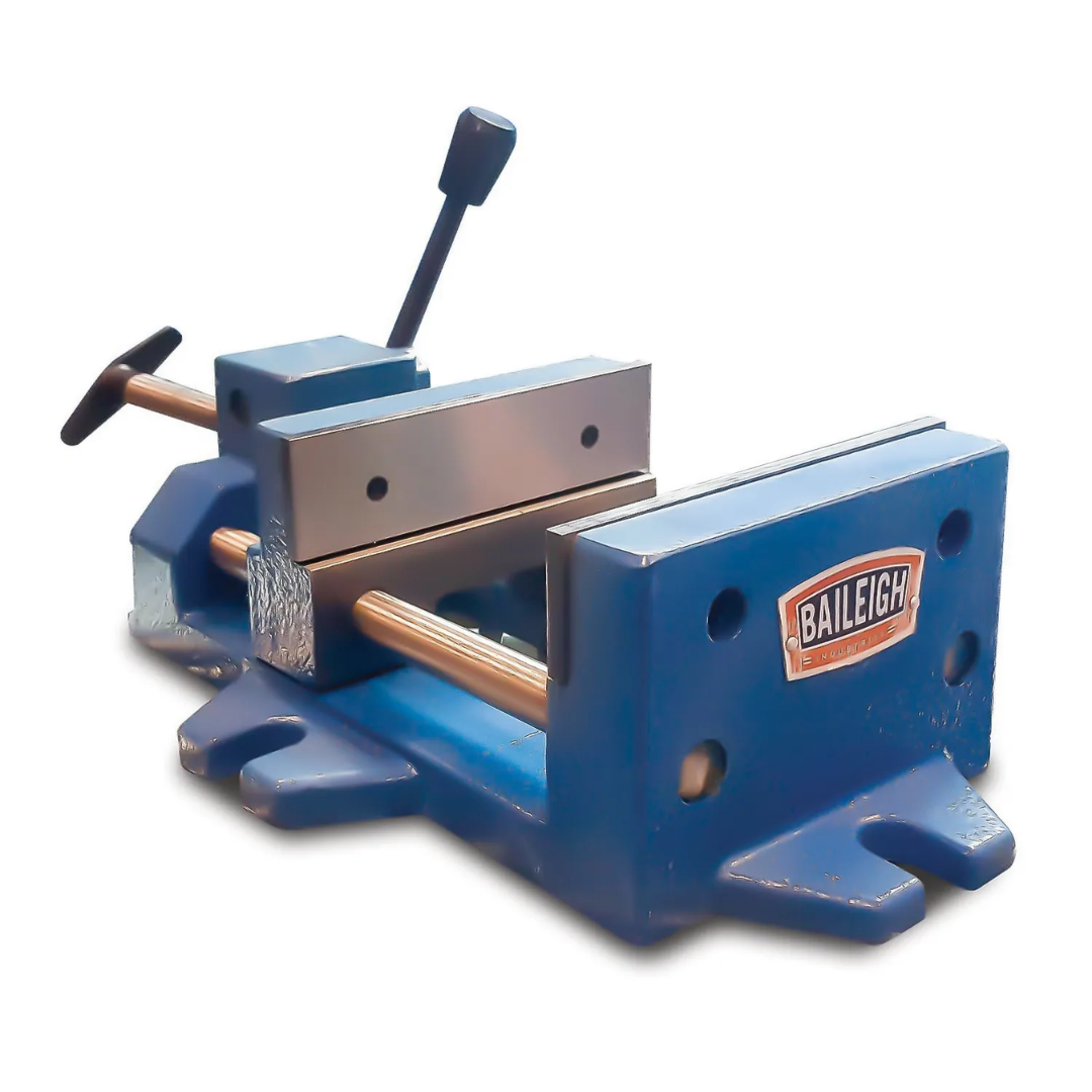 Baileigh Drill Vise BV-6Q 1019129 heavy-duty blue precision drill vise with quick-action lever, hardened steel jaws, reinforced base mounting slots, and dual guide rods designed for accurate drilling, machining, and metalworking applications.