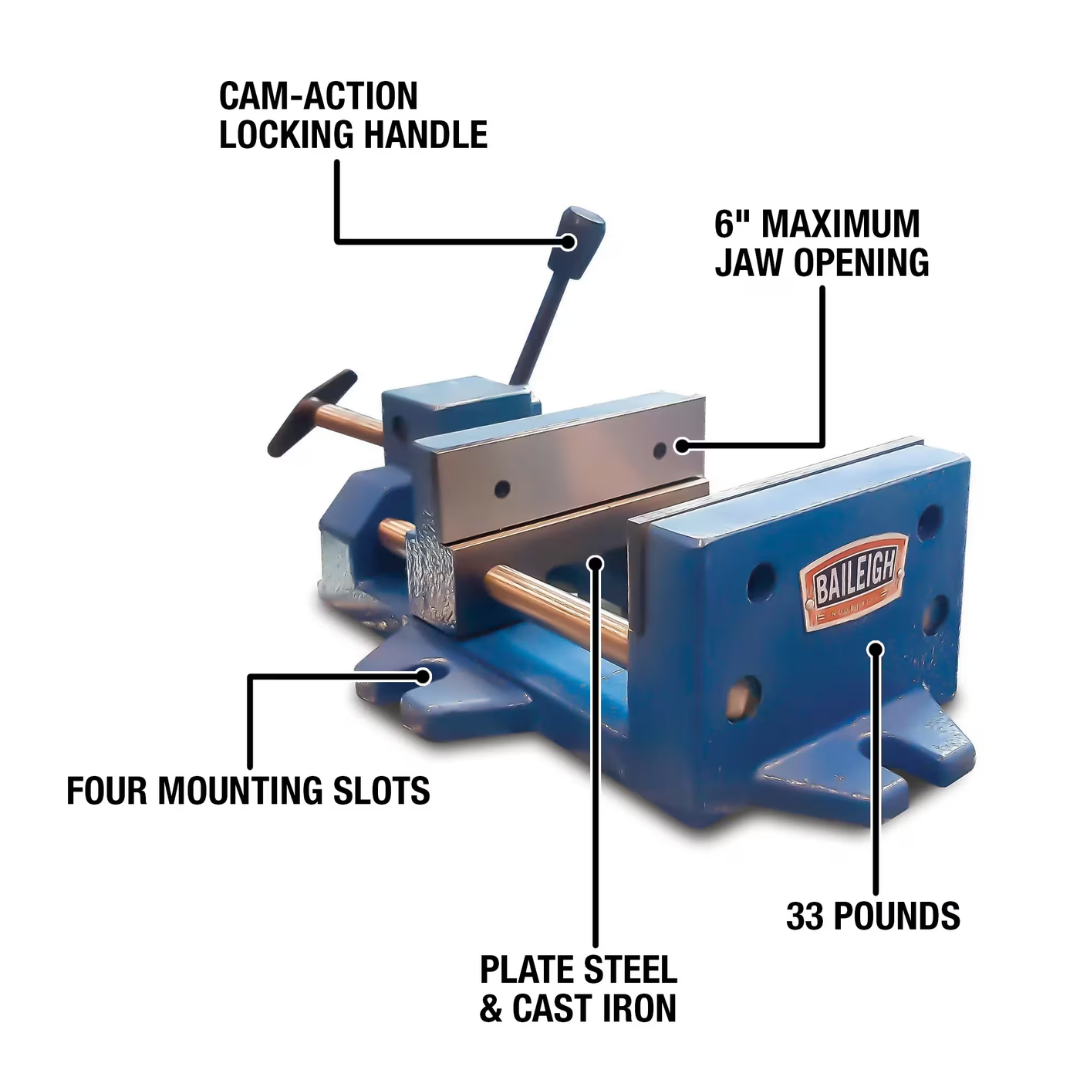 Baileigh Drill Vise BV-6Q 1019129 technical diagram showing quick-action mechanism, precision-machined jaws, robust clamping system, and industrial-grade construction for secure workpiece holding during drilling and fabrication operations.