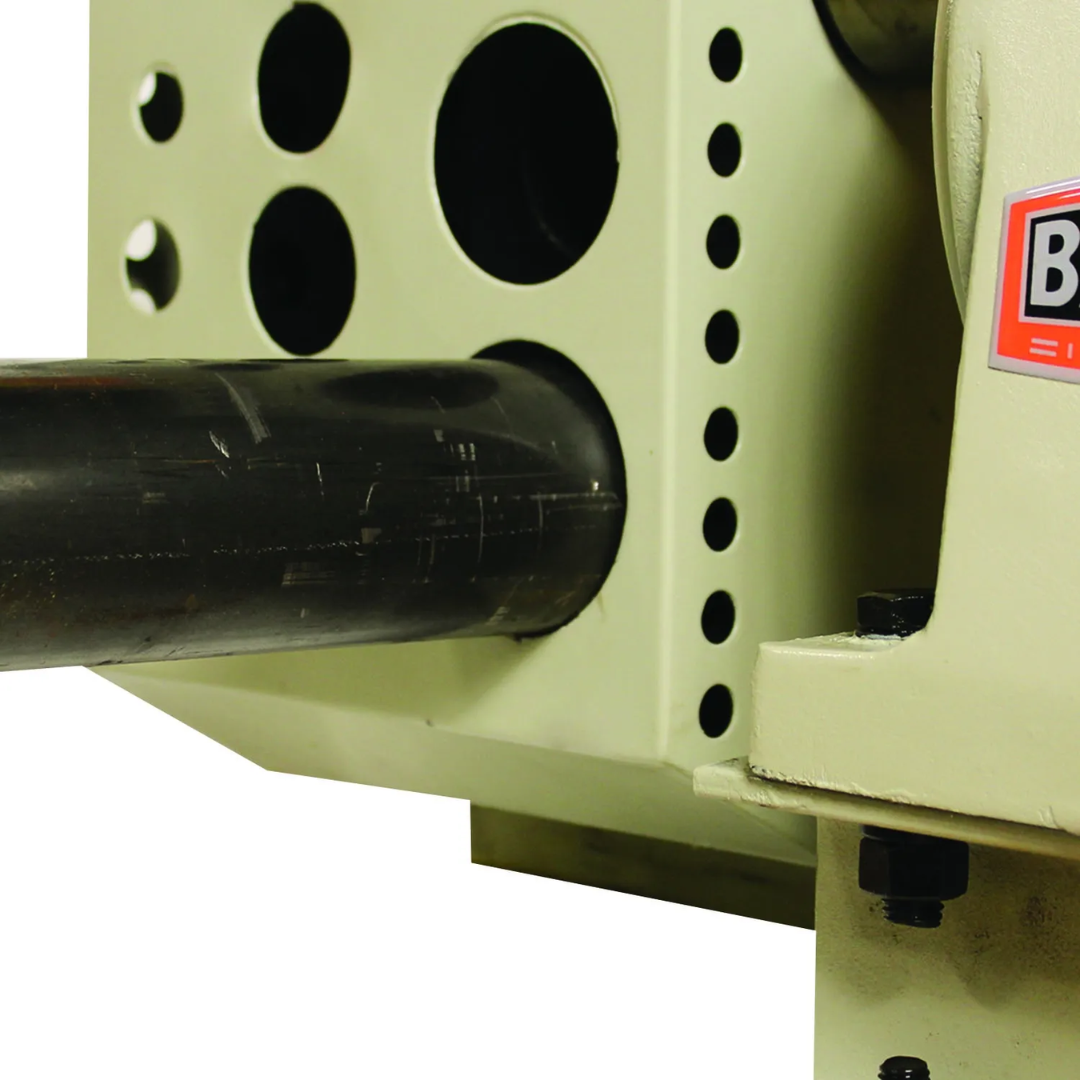 Baileigh Electric Pipe Notcher TN-200E 1008007 pipe clamping assembly securely holding round tubing to ensure precise notch alignment and repeatable fabrication results.