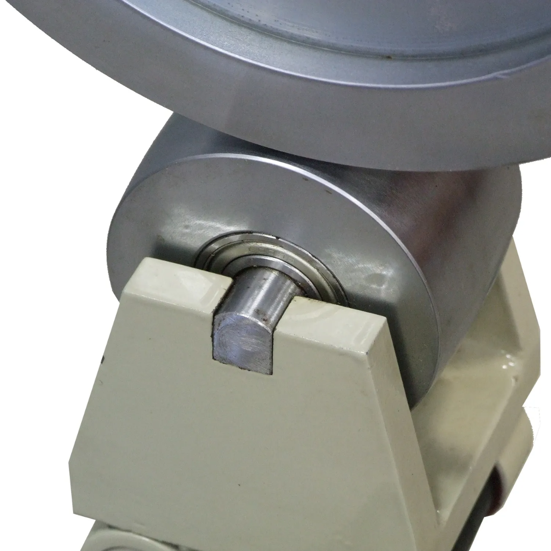 Baileigh English Wheel (EW-28) 1004166 close-up of the precision upper wheel adjustment mechanism for accurate pressure control during sheet metal forming and finishing.