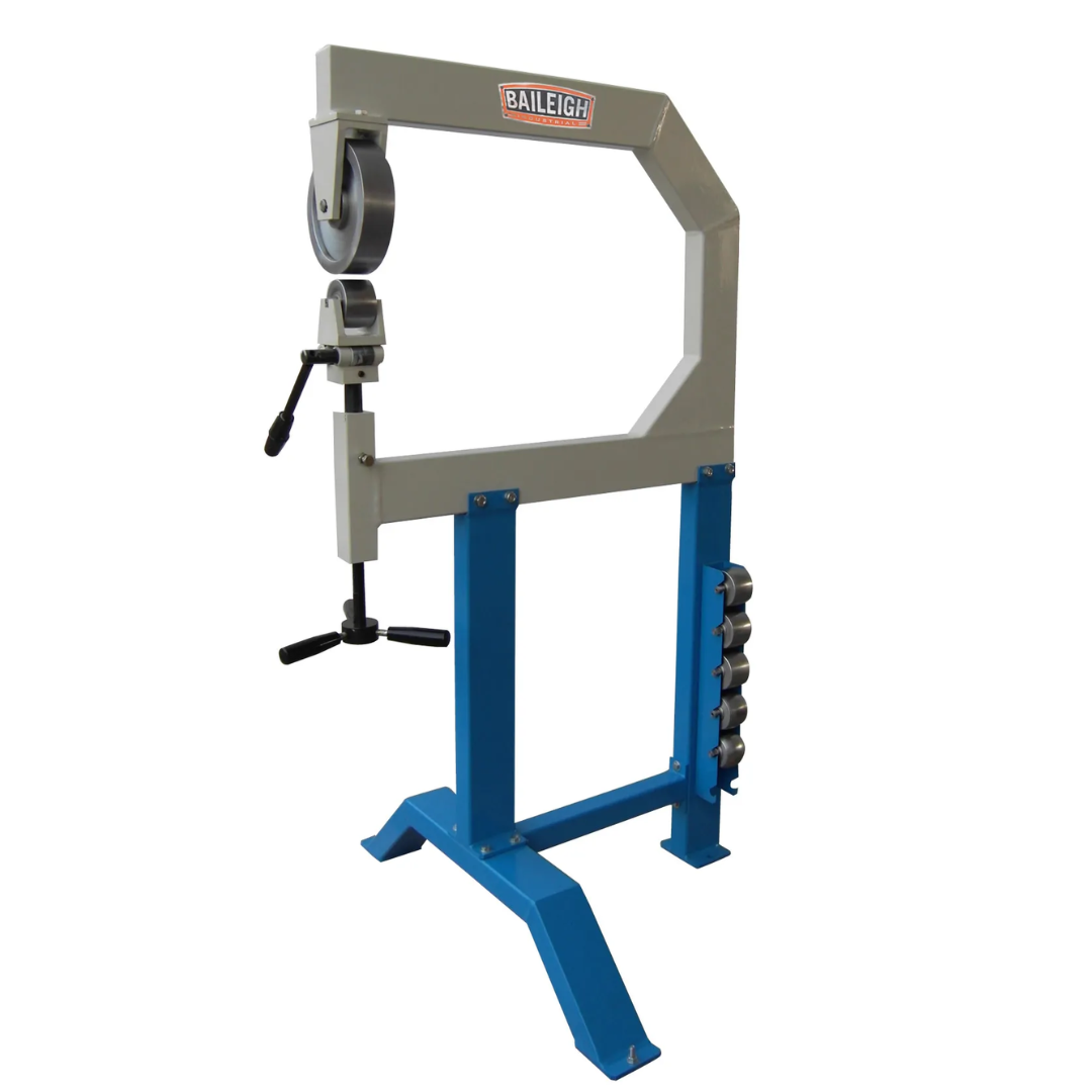 Baileigh English Wheel (EW-28) 1004166 heavy-duty English wheel with a rigid steel frame, adjustable upper wheel, foot-operated adjustment, and interchangeable lower anvils for shaping, smoothing, and forming sheet metal panels.
