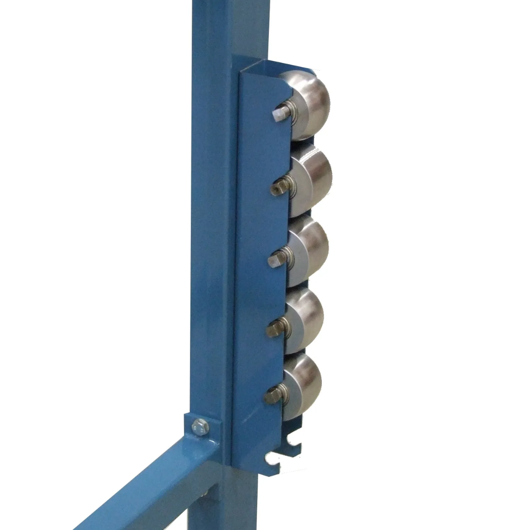Baileigh English Wheel (EW-28) 1004166 interchangeable lower anvil wheel storage rack keeping multiple forming anvils organized and readily accessible.