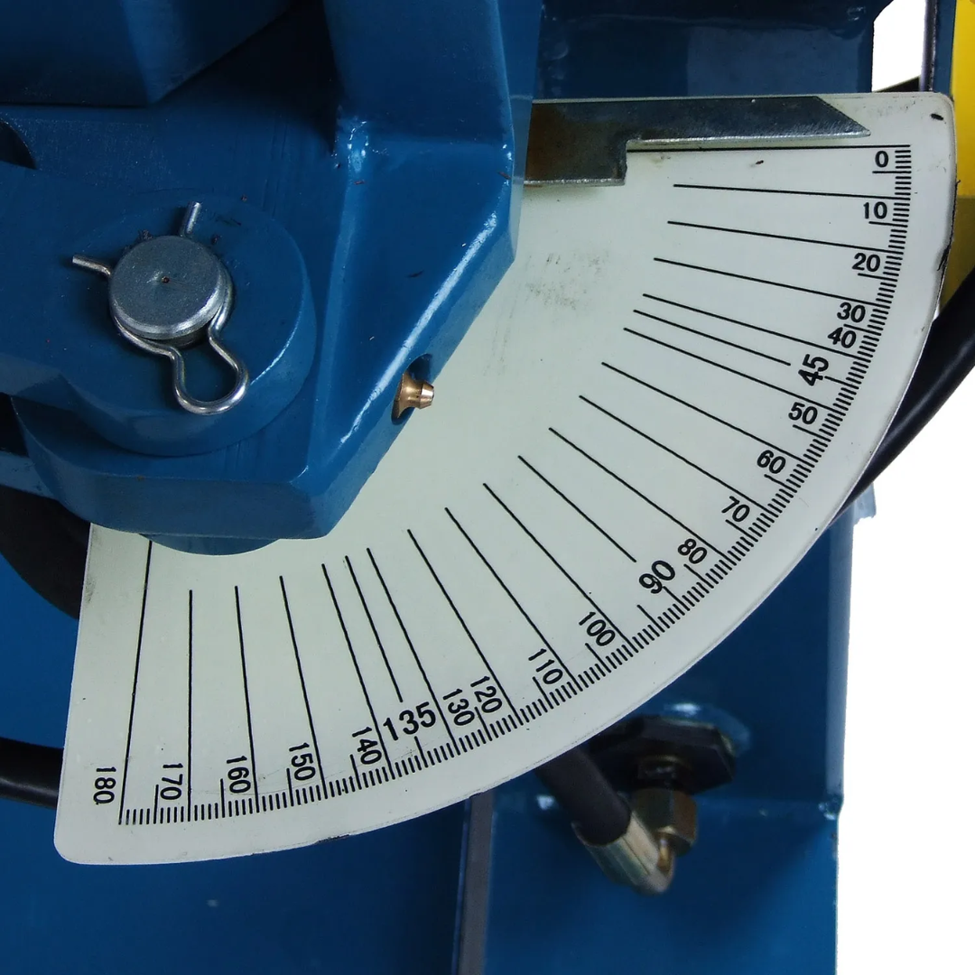 Baileigh Exhaust Bender - (EB-300) 1004134 angle measurement scale close-up showing the precision degree indicator for accurate bend angle setup.