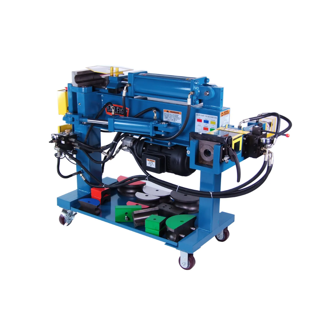 Baileigh Exhaust Bender - (EB-300) 1004134 front view showing a heavy-duty hydraulic exhaust tubing bender with digital controls, multiple bending dies, industrial steel frame, and mobile base for precision exhaust and tube fabrication.