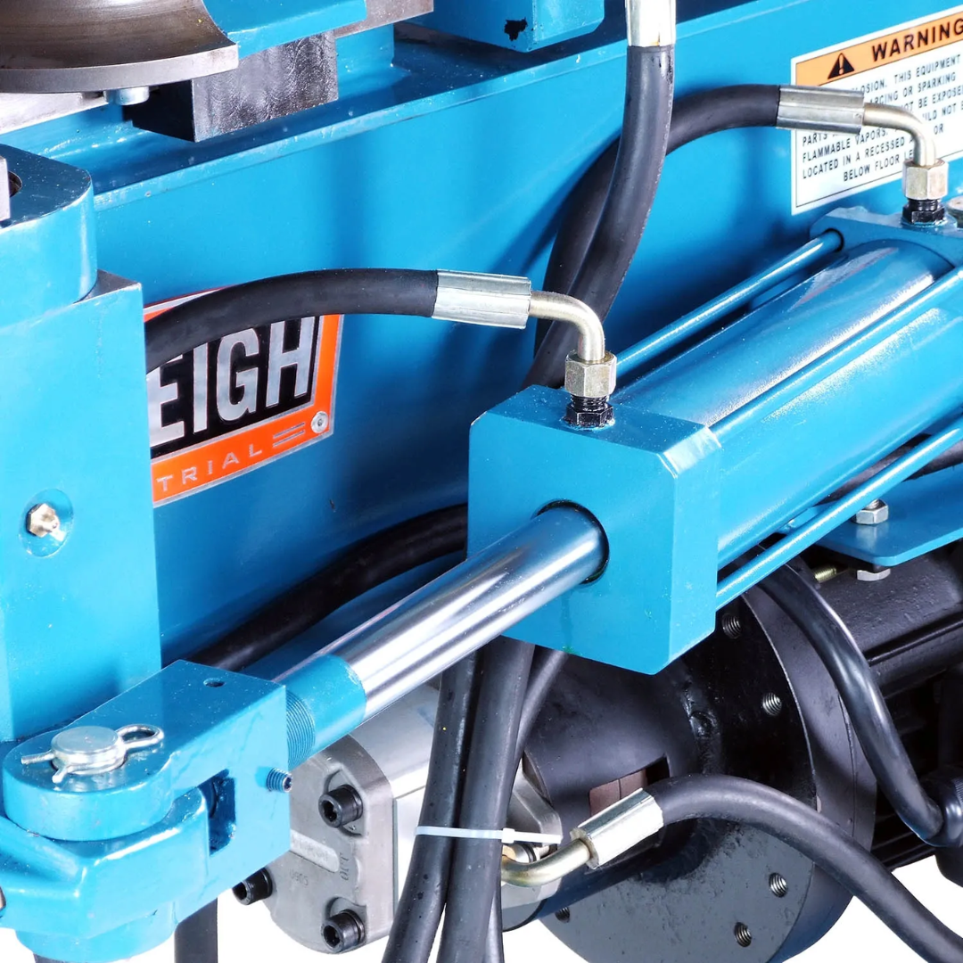 Baileigh Exhaust Bender - (EB-300) 1004134 hydraulic bending mechanism detail showing the heavy-duty bending arm, tooling mount, and reinforced frame for precise tube forming.