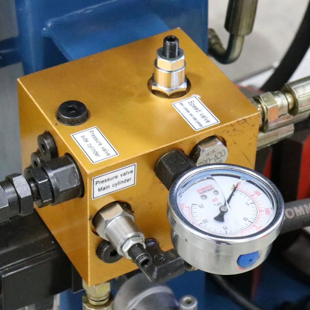 Baileigh Exhaust Bender - (EB-300) 1004134 hydraulic pressure gauge and valve controls close-up showing precision pressure adjustment for repeatable exhaust tubing bends.