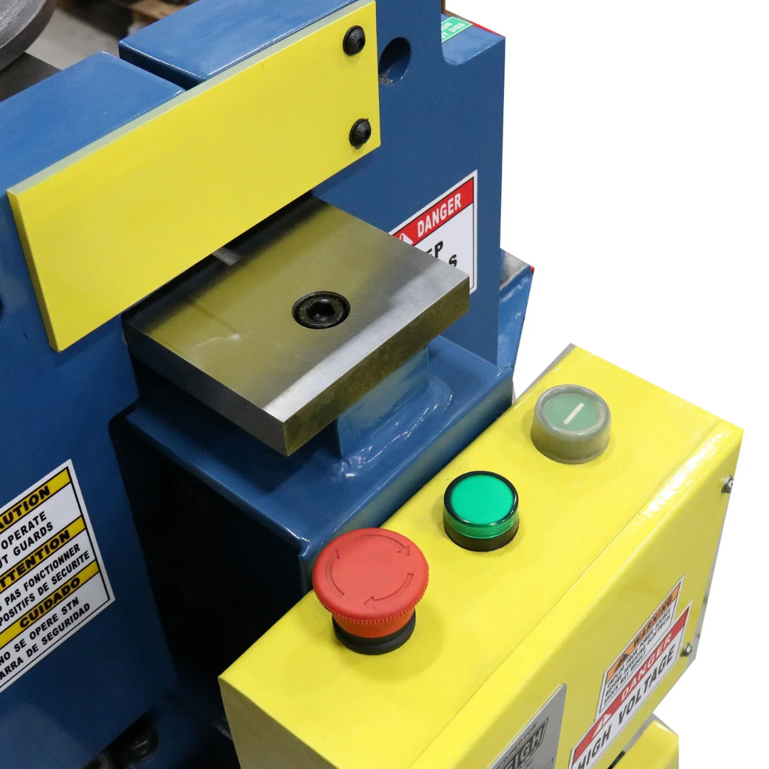 Baileigh Exhaust Bender - (EB-300) 1004134 operator control panel close-up with emergency stop, push-button controls, and machine interface for safe exhaust bending operation.