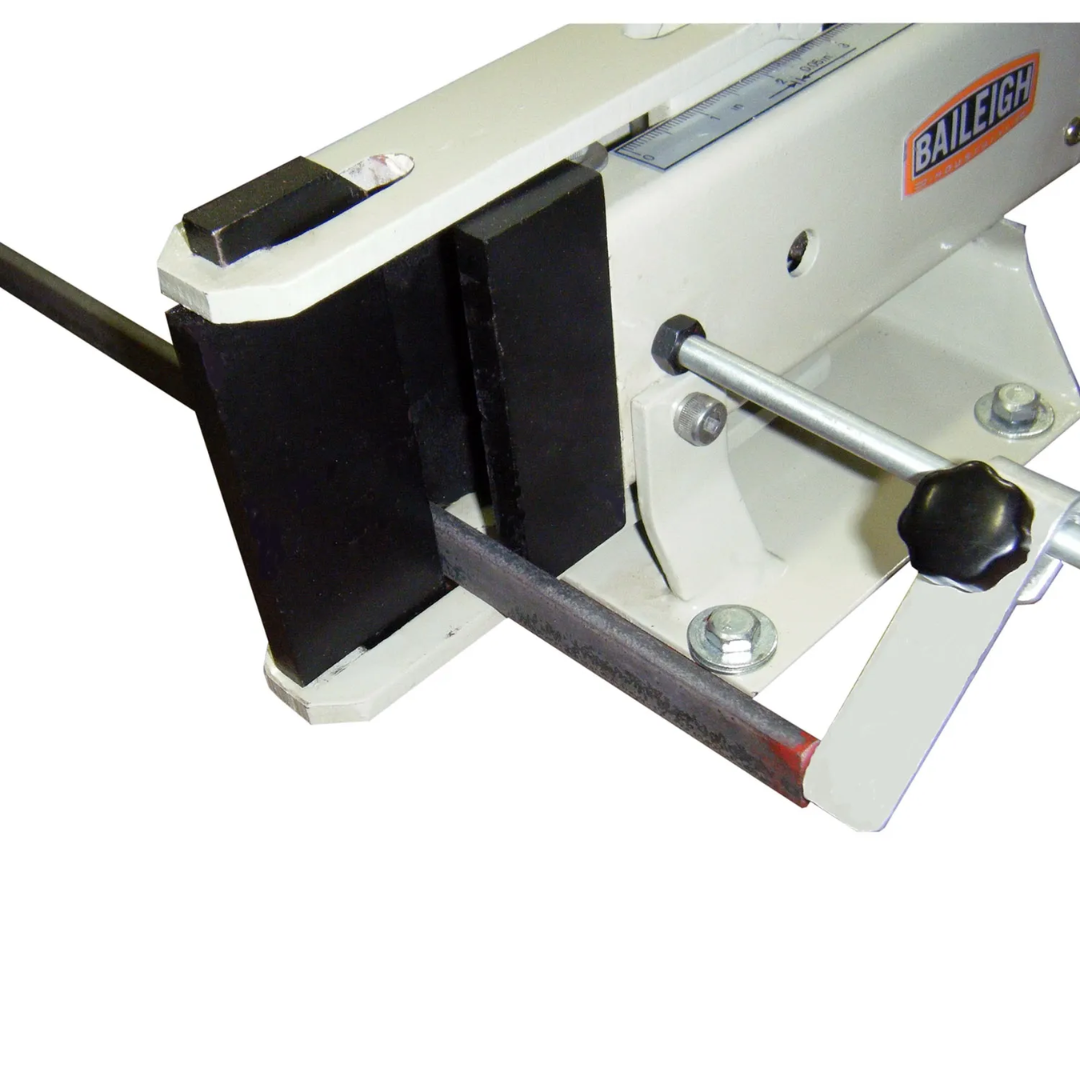 Baileigh Form Bender FB-4 1004225 side view showing the hardened bending die assembly and adjustable clamping mechanism for controlled metal forming.