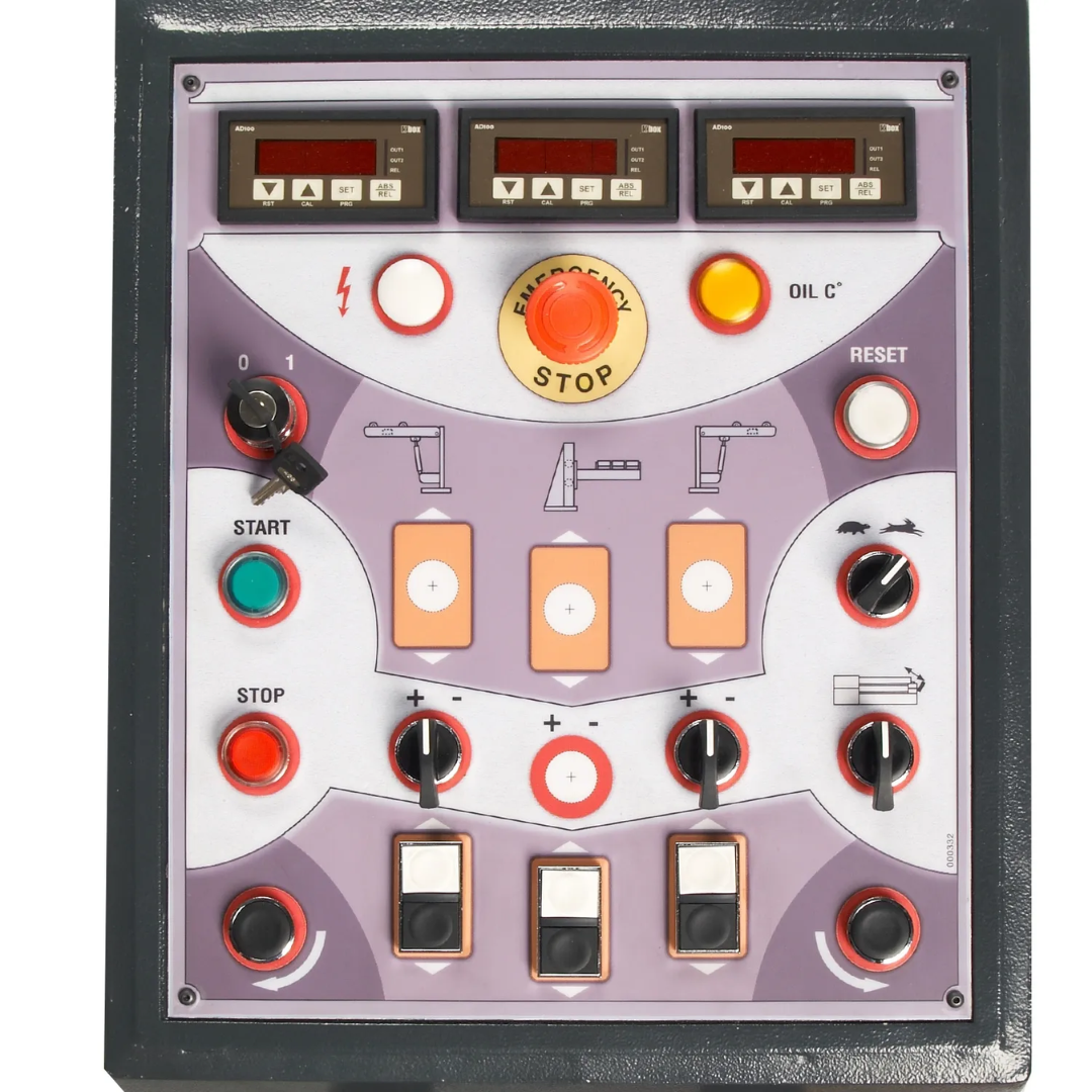 Baileigh Four Roll Plate Roll PR-603-4 1006554 digital control panel featuring intuitive push-button controls, emergency stop, and precision roller operation indicators.