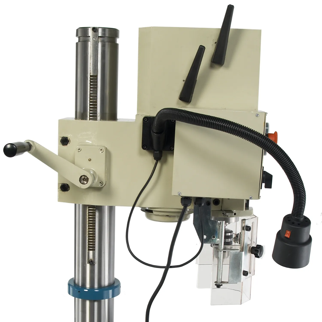 Baileigh Gear Driven Drill Press - DP-1000G 1002827 side view highlighting the gear-driven head, feed controls, and rigid column construction for dependable drilling accuracy.