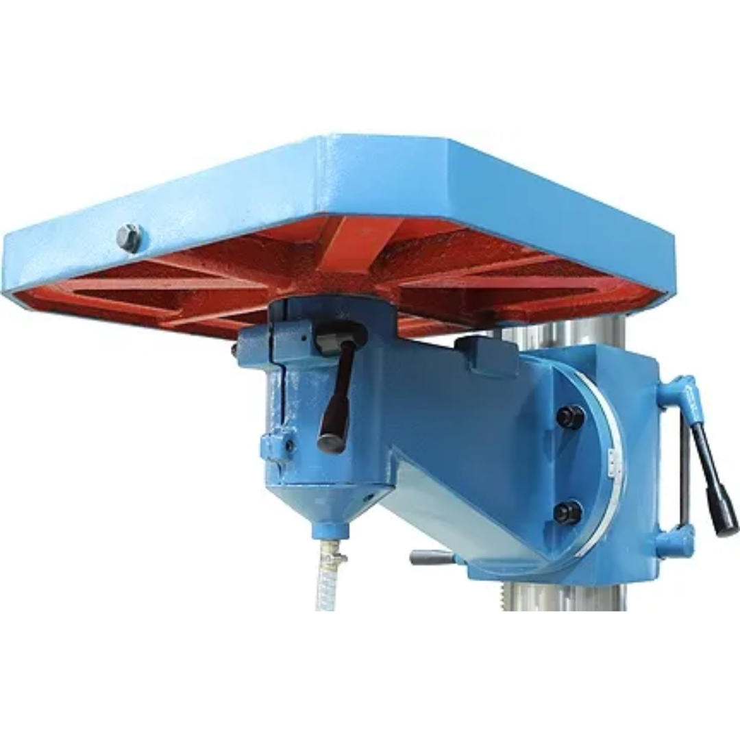Baileigh Gear Driven Drill Press - DP-1850G 1020697 adjustable cast iron worktable close-up featuring precision T-slots and a tilting table for secure workpiece positioning.