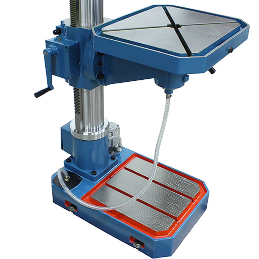 Baileigh Gear Driven Drill Press - DP-1850G 1020697 angled view highlighting the large adjustable worktable, crank-operated height adjustment, and heavy-duty floor-mounted construction.