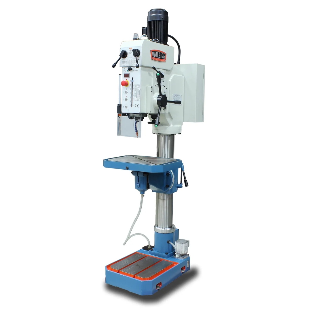 Baileigh Gear Driven Drill Press - DP-1850G 1020697 front view showing a heavy-duty gear-driven floor drill press with industrial cast iron base, adjustable worktable, precision spindle, and rigid steel column for high-performance metal drilling.