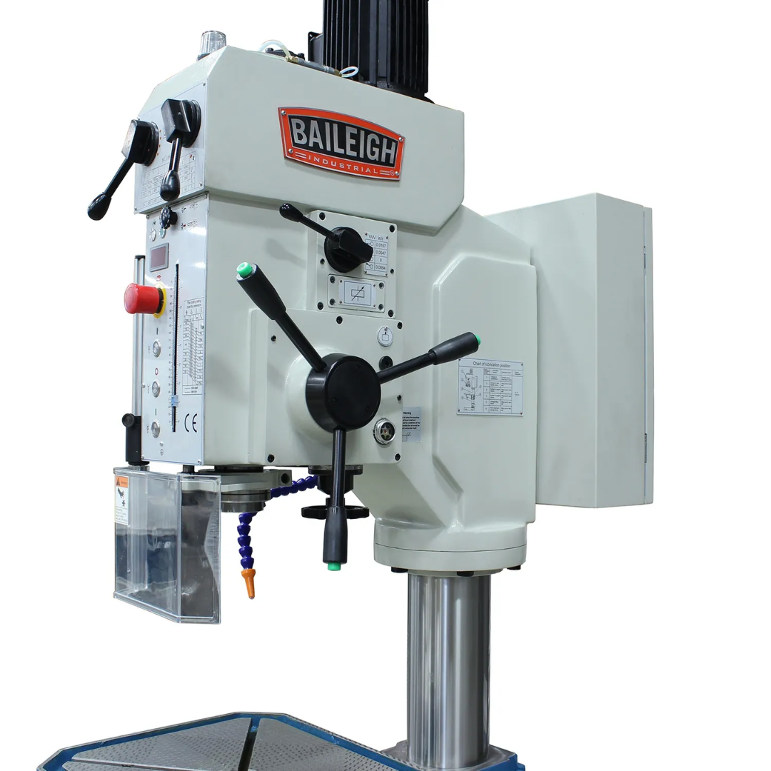 Baileigh Gear Driven Drill Press - DP-1850G 1020697 side view displaying the robust gear head construction, adjustable table support, and rigid column designed for industrial machining environments.