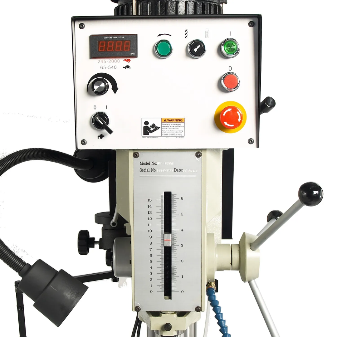 Baileigh High Speed Drill Press DP-1250VS-HS 1002871 operator control panel with digital controls, emergency stop, and spindle operating controls for safe machine operation.